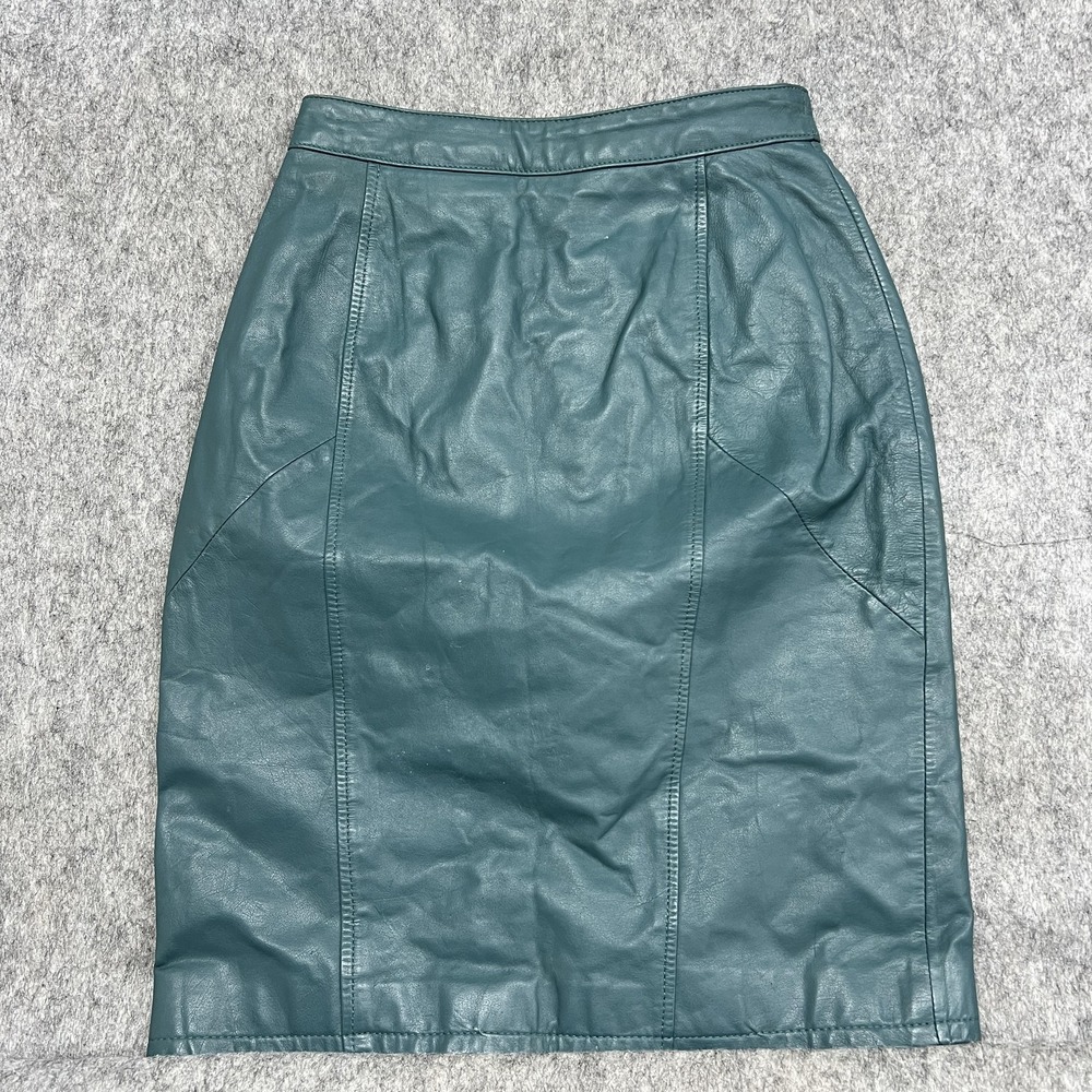Chia Skirt Womens 6 Teal Green Leather Pencil Knee Length Lined Slit High Waist